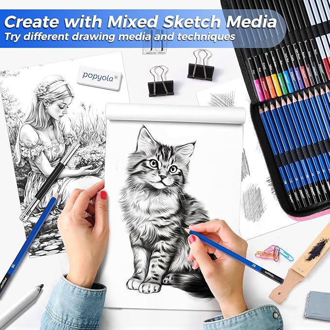 106 Pack Art Supplies Sketching Kit with 3-Color Sketchbook, Coloring Book, Tutorial, Graphite Colored Charcoal Watercolor & Metallic Pencils, Drawing Supplies Gift Case for Artists Beginners Adults