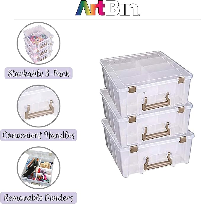 ArtBin 6990ZZ Super Satchel Double Deep 3-Pack, Portable Art & Craft Organizers with Handles, [3] Plastic Storage Cases, Clear & Gold