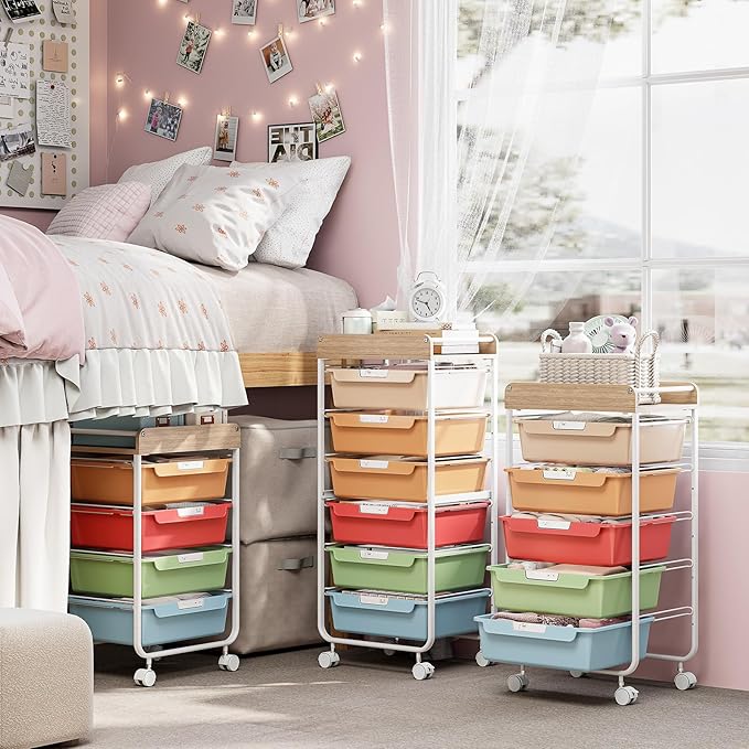 SYKIARIOL Rolling Cart with 6 Drawers,Utility Storage Cart with Drawers,Art Craft Organizers and Storage,Makeup Organizer with Wooden Tabletop,Rainbow