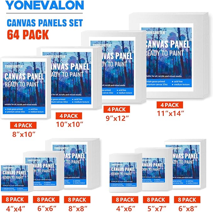 Canvas for Painting, 64 Pack Multi-Size Painting Canvas Board Art Supplies for Adult, Kid&Artist, 4x4 4x6 5x7 6x6 6x8 8x8 8x10 10x10 9x12 11x14 Primed Canvases for Acrylic, Oil, Watercolor
