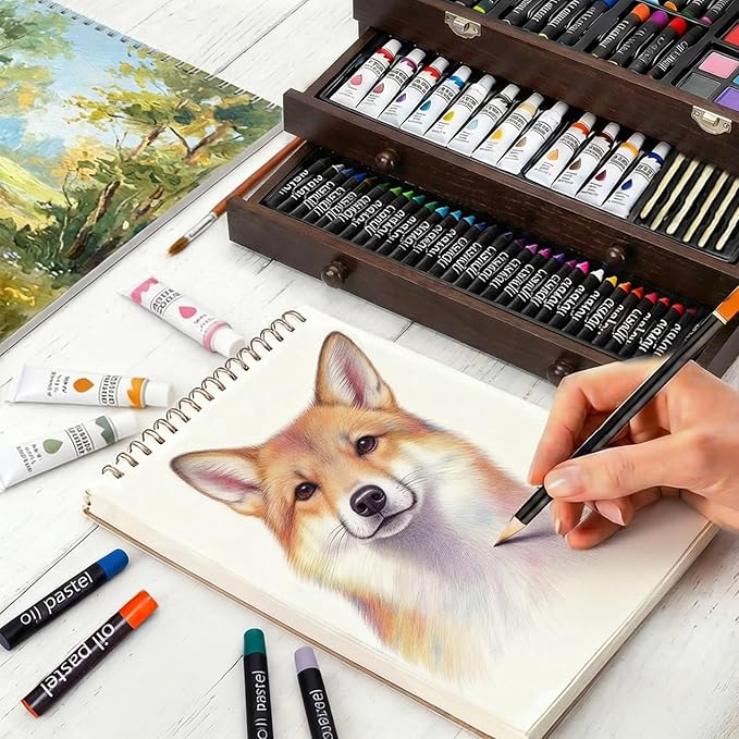175-Pack Deluxe Wooden Art Set Drawing Painting Kit with 2 Drawing Pads, Acrylic Paints, Colored Pencils, Crayons, Paint Brush, Art Kit in Wooden Case, Gift for Artist, Adults, Teens and Kids