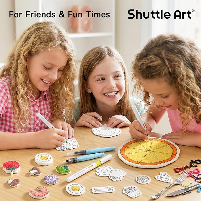 Shuttle Art 104 Pcs Magic Foam Texture Painting Kit – Food Series: 34 Food Foam Pieces, Paper Plates, Forks & Knives, 12 Acrylic Paint Markers, Magical 3D Effect DIY Art Craft for Kids Ages 3-12