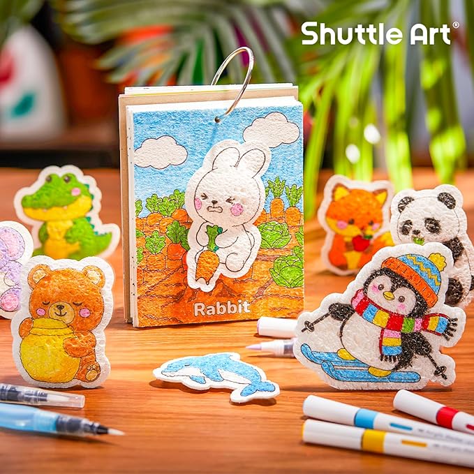 Shuttle Art 63 Pcs Magic Foam Texture Painting Kit – Animal Series: 15 Animal Foam Pieces, Coloring Book with 15 Scenes, 12 Acrylic Paint Markers, Magical 3D Effect DIY Art Craft