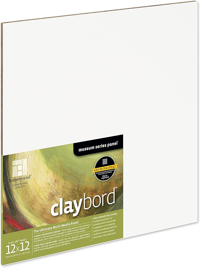 Ampersand Art Supply Claybord | 12" x 12" | 1/8" Flat Profile | Kaolin Clay Painting Panel for Acrylic, Ink, Watercolor & Mixed Media | Canvas & Paper Alternative