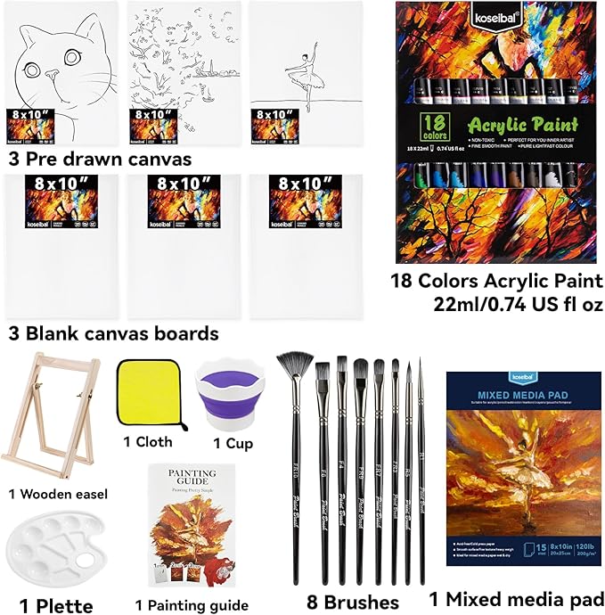 koseibal Acrylic Paint Set for Adults & Kids - 37PCS Art Painting Supplies Kit with 18 Colors Acrylic Paint, 8 Paint Brushes,6 Canvas Panels, Wooden Easel,Palette, Painting Pad