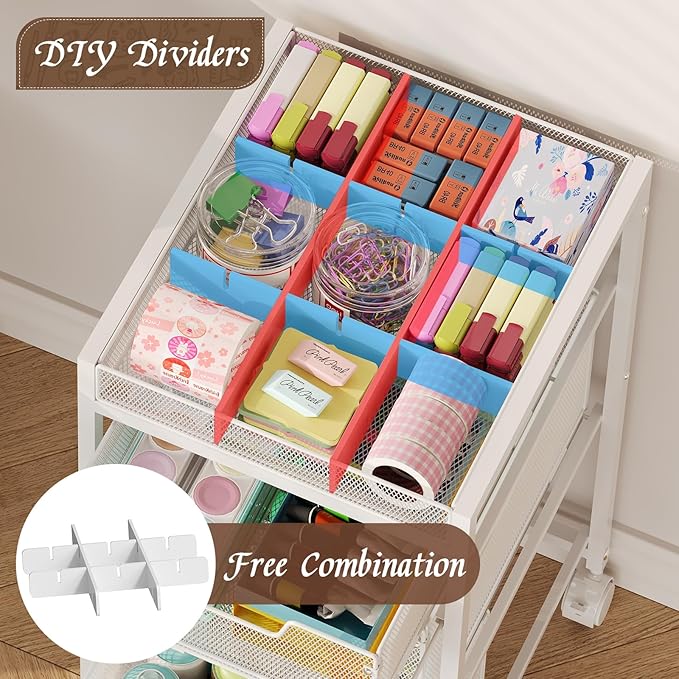 Rolling Utility Cart with 3 Drawers, Craft Organizer and Storage with DIY Divider, Lockable Wheels, Multi-Functional Storage for Art Supplies, Store for Brushes & Paints & Artifacts,White