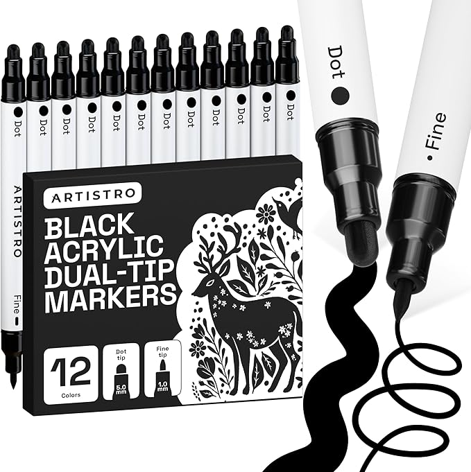 ARTISTRO 12 Black Precision Dual-Tip Acrylic Paint Markers – Paint Pens Set with Dot & Fine Tips for Fabric, Rock, Glass, Wood, Coloring Books – Classroom & Art Supplies Gift Teacher Appreciation Gift