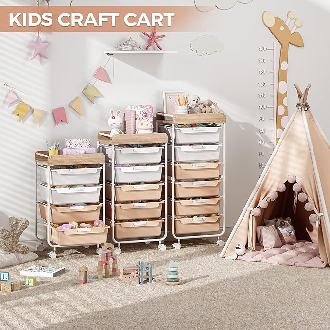 Rolling Storage Utility Cart With 4 Drawers,Kids Craft Art Cart,Makeup Organizer And Storage with Wooden Tabletop,Pearl