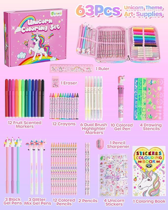 D-FantiX Unicorn Art Supplies Convertible Bag for Girls, 63Pcs Coloring Drawing Set for Kids with Fruit Scented Markers, Portable Travel Activity Kit, Birthday Gift for 4 5 6 7 8-12 Year Old Girls