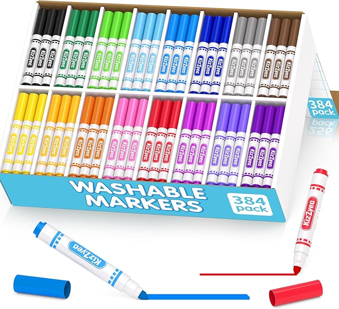 KIZZYEA Washable Markers Bulk for Kids, 384 Count, 16 Assorted Colors, Broad Line Coloring Markers for School, Classroom Supplies for Teachers, Student Art Group Activities, Back to School Crafts