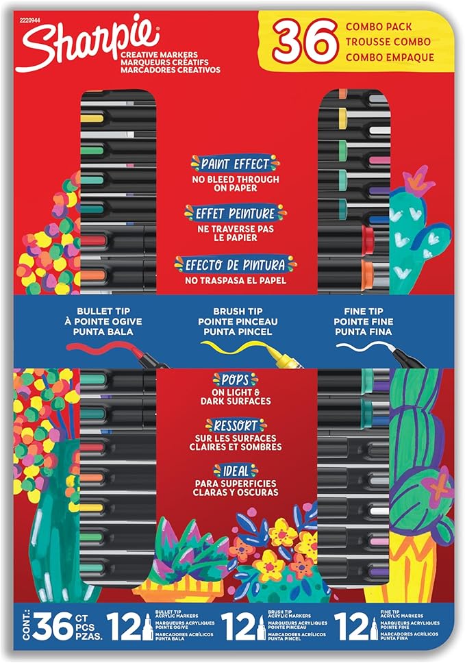 Sharpie Creative Markers Variety Pack, Water-Based Acrylic Paint Markers, Assorted Tips and Colors, 36 Count - Works on Paper, Metal, Wood, Ceramic, Glass, Rock, Canvas (Pack of 6)