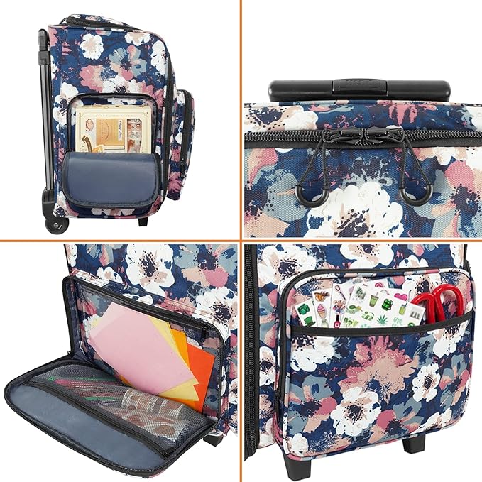 YOREPEK Rolling Craft Bag, Large Roller Scrapbook Tote with Wheels, Water Resistant Scrapbooking Rolling Briefcase for Scrap Book Stickers Supplies and Tools, Gift for Crafter Artist Teacher, Floral