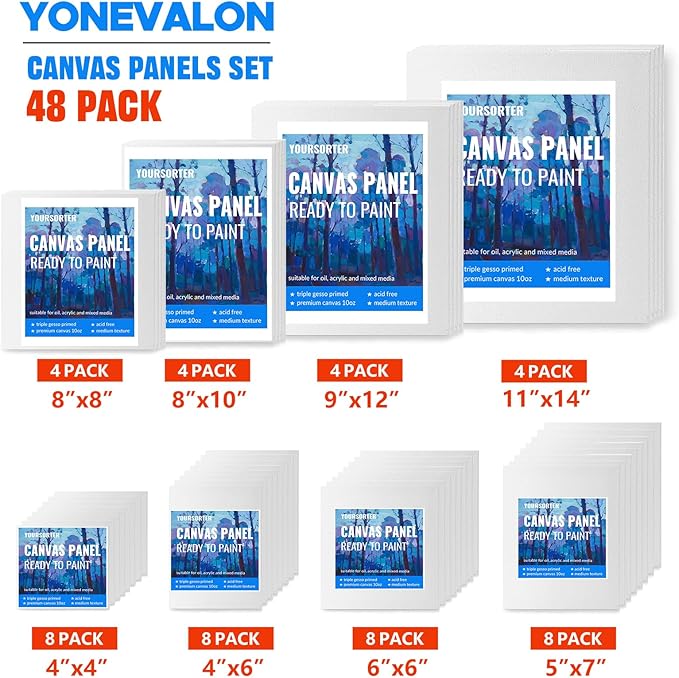 Canvas Boards for Painting, 48pcs Multi-Size Paint Canvas 4x4 4x6 6x6 5x7 8x8 8x10 9x12 11x14 Art Supplies for Adult, Kid&Artist, Primed Blank Cotton Canvases for Acrylic, Oil, Watercolor