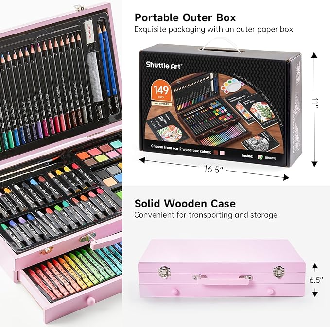Shuttle Art 149 Piece Deluxe Art Set, Art Supplies in Wooden Case, Painting Drawing Art Kit with Crayons Colored Pencils Oil Pastels Coloring Book Sketch Pad for Kids Adults