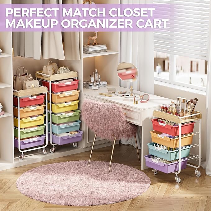 Rolling Craft Storage Cart with 4 Drawers,Utility Cart with Drawers,Art Craft Organizers and Storage,Kids Craft Cart,Kids Art Cart With DIY Lable and Wooden Tabletop Area,Jelly Bean Color