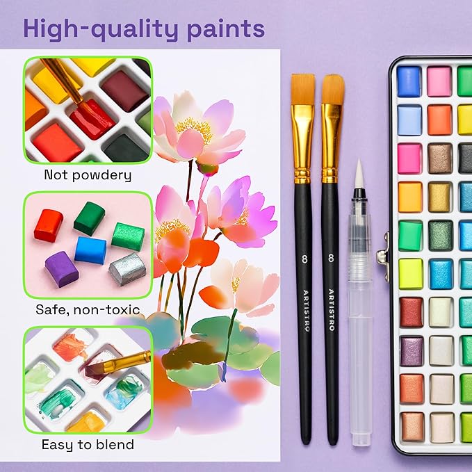 ARTISTRO 100 Color Watercolor Paint Set - Portable Paint Art Kit with Palette and Brush Pens - Travel Water Color Set for Adults, Professionals, Kids - Art and Painting Supplies - Gift Idea