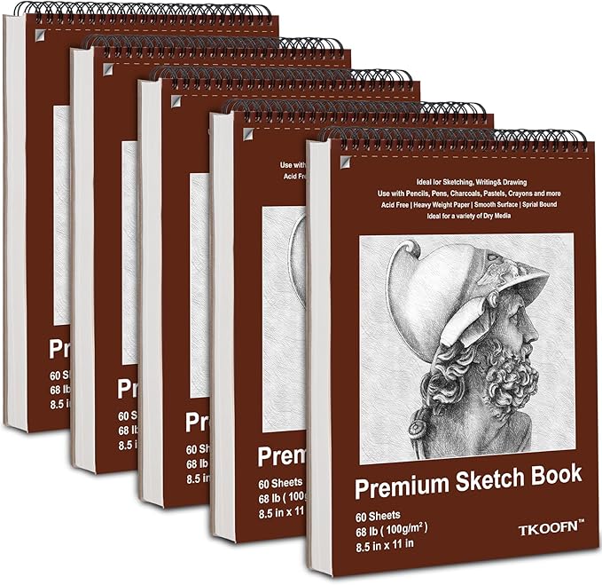 TKOOFN 5 Pack 8.5" x 11" Sketch Book Bulk (300 Sheet Total), Top Spiral Bound Premium Sketchbook Drawing Pads(68lb/100gsm), Acid-Free Painting Paper Drawingbook for Adults Kids Artists Beginners