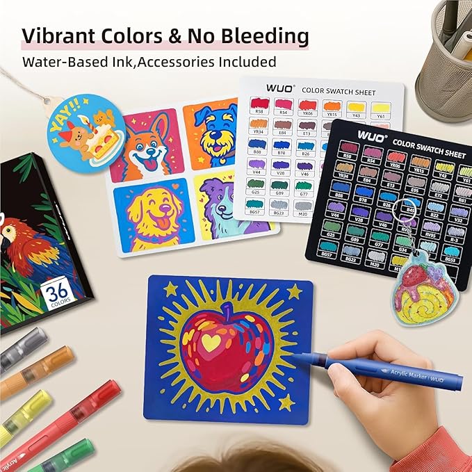 WUO 36 Colors Acrylic Paint Markers, Automatic Ink Control Brush Tip Pens, Water-Based No-Bleed Markers for Rock, Canvas, Wood, Glass, Ceramic, and DIY Art Supplies