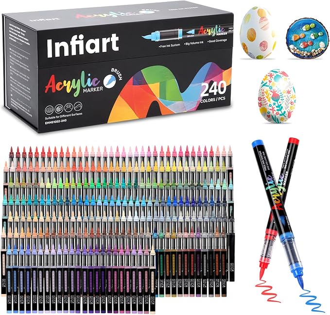 240 Colors Acrylic Paint Markers Brush Tip, Automatic Ink Control Acrylic Paint Pens Waterproof Acrylic Markers Set for Holiday Decorations, Stone, Wood, Glass, DIY & Art Supplies