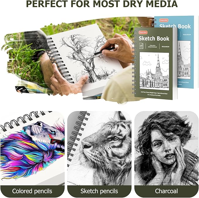 Soucolor 5.5" x 8.5" Sketchbook Pack of 2, 200 Sheets Blank Journal Notebook, A5, Spiral Bound Sketch Pad Drawing Book Acid-Free Paper (68lb/100gsm), Painting Sketching Drawing Notebook Art Supplies