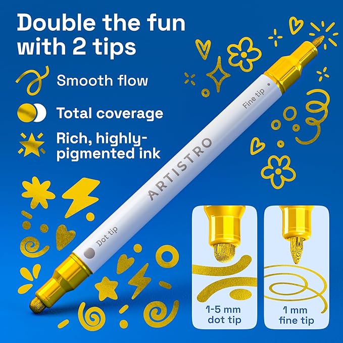ARTISTRO 12 Gold Precision Dual-Tip Acrylic Paint Markers – Paint Pens Set with Dot & Fine Tips for Fabric, Rock, Glass, Wood, Coloring Books – Classroom & Art Supplies Gift Teacher Appreciation Gift
