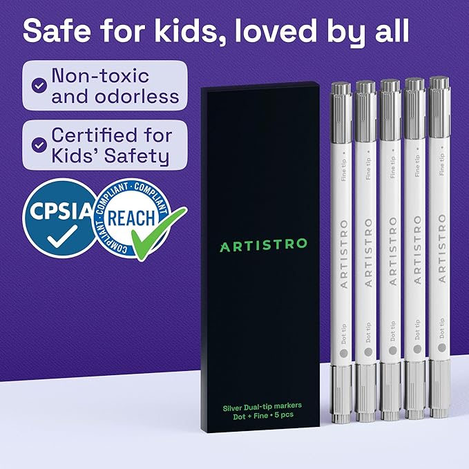 ARTISTRO 5 Silver Precision Dual-Tip Acrylic Paint Markers – Paint Pens Set with Dot & Fine Tips for Fabric, Rock, Glass, Wood, Coloring Books – Classroom & Art Supplies Gift Teacher Appreciation Gift