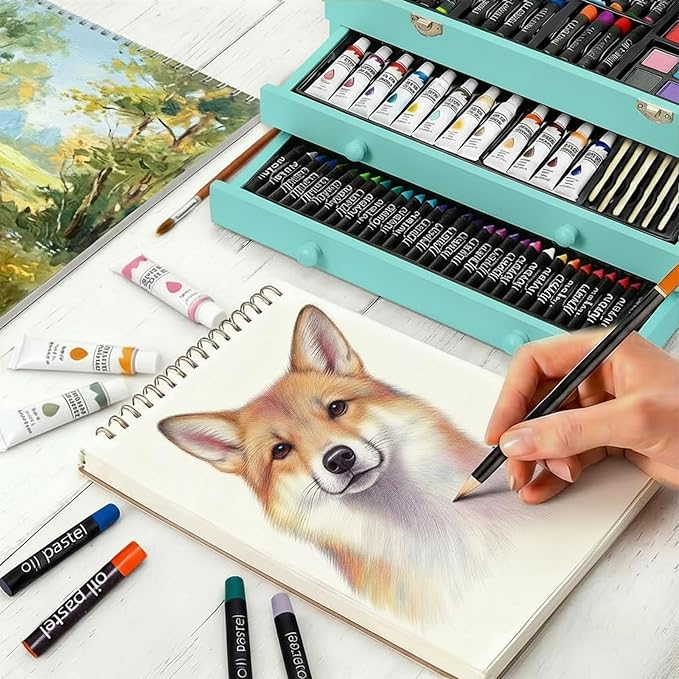 175-Pack Deluxe Wooden Art Set Drawing Painting Kit with 2 Drawing Pads, Acrylic Paints, Colored Pencils, Crayons, Paint Brush, Art Kit in Wooden Case, Gift for Artist, Adults, Teens and Kids