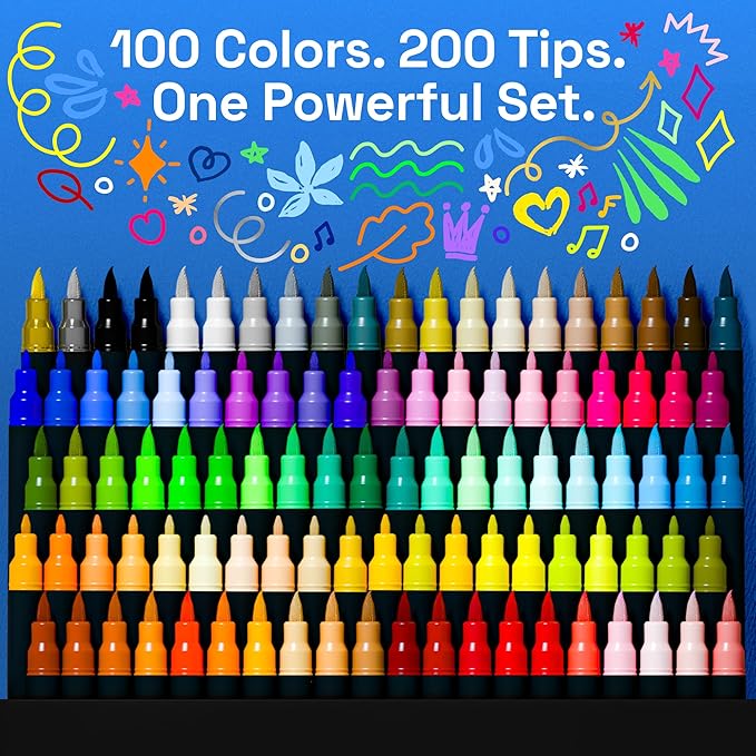 ARTISTRO 100 Dual Tip Acrylic Paint Markers, Paint Pens, Drawing Markers for Textile, Rock, Glass, Wood, Paper, Ceramic, Canvas, DIY - Art Supplies Kit for Kids and Adults (Brush + Fine)