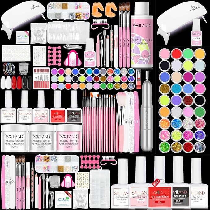 SAVILAND Acrylic Nail Kit with U V Light – Acrylic Nails Set Christmas Gift Set for Beginners with Nails Brush Practice Finger Portable Nail Drill for for Home DIY