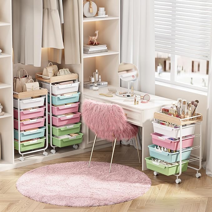SYKIARIOL Rolling Cart with 6 Drawers,Utility Storage Cart with Drawers,Art Craft Organizers and Storage,Makeup Organizer with Wooden Tabletop,Colorful