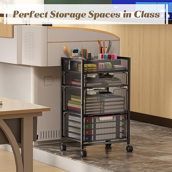 4-Tier Rolling Utility Cart with 3 Drawers, Craft Organizer and Storage with DIY Divider, Art-Craft Supplies with Caster Wheels, Multi-Functional Storage for Classroom, Office, Paints, Artifacts