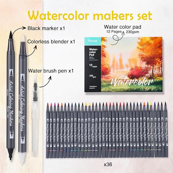 Watercolor Pens Set, 36-Color Dual Tip Professional Watercolor Markers for Adults, Water-Based Coloring Markers with 1 Aquapen, 1 Colorless Blender, 1 Black Marker, and 12-Page Pad, Art Supplies