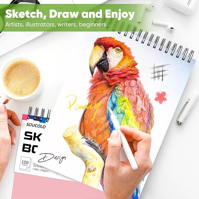 Art Supply Set - Sketching & Drawing Kit, Sketchbook Art Paper for Adult Artists, Soucolor 9" x 12" Sketch Book, 2 Pack 100 Sheets Spiral Bound Sketchbook, Acid Free