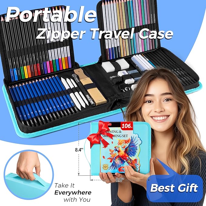 106 Pack Art Supplies Sketching Kit with 3-Color Sketchbook, Coloring Book, Tutorial, Graphite Colored Charcoal Watercolor & Metallic Pencils, Drawing Supplies Gift Case for Artists Beginners Adults
