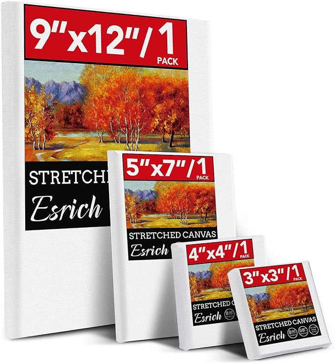 ESRICH 4 Pack Stretched Canvas for Painting with 9x12, 5x7, 4x4, 3x3, Primed Acid-Free Cotton Blank Canvases for Painting, Painting Canvas for Oil & Acrylic Paint.