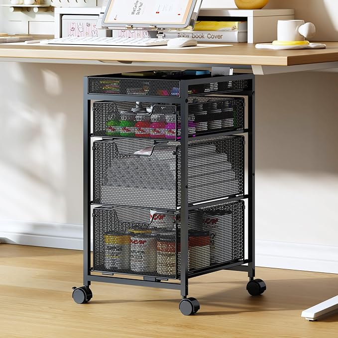 Rolling Utility Cart with 3 Drawers, Craft Organizer and Storage with DIY Divider, Lockable Wheels, Multi-Functional Storage for Art Supplies, Store for Brushes & Paints & Small Parts(Patent Pending)