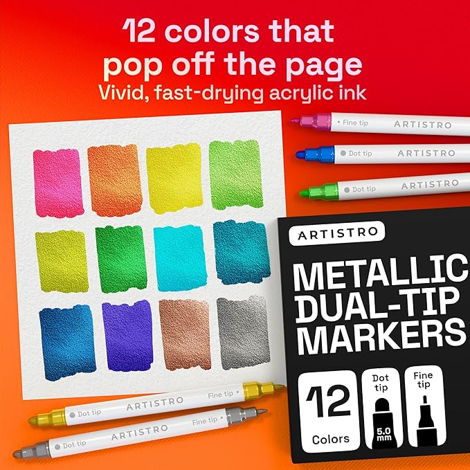 ARTISTRO 12 Metallic Precision Dual-Tip Acrylic Paint Markers – Paint Pens Set with Dot & Fine Tips for Fabric, Rock, Glass, Wood, Coloring Books – Classroom & Art Supplies Teacher Appreciation Gift