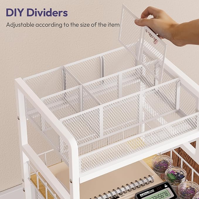 SWTYMIKI Rolling Cart with Drawers - Metal Craft Cart with Wheels, DIY Divider and Wood Shelf, Art Supply Organizer for Under Desk Storage, Utility Storage Cart for Home Office Studio, White