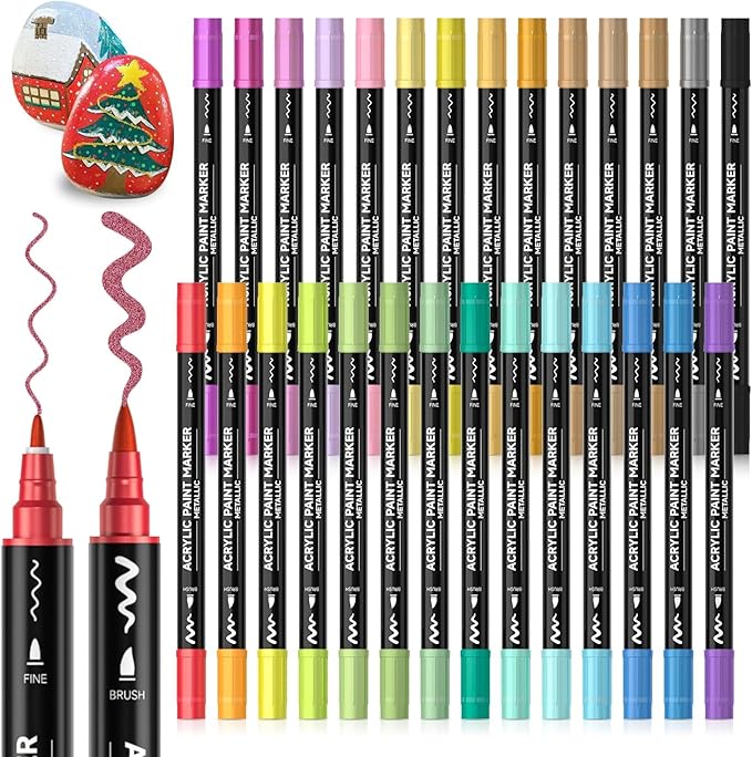 Shuttle Art 28 Metallic Colors Dual Tip Acrylic Paint Markers, Brush Tip and Fine Tip Acrylic Paint Pens for Rock, Ceramic, Wood, Canvas, Plastic, Glass, Stone, Calligraphy, Card Making, DIY Crafts