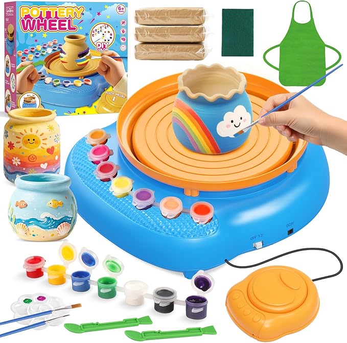 Pottery Wheel for Kids Complete DIY Pottery Painting Kit, Arts and Crafts for Kids Ages 8-12 with 3 Air-Dry Clay Packs and Tools, Art Supplies Toys Birthday Easter Gift for Boys Girls 6+ Years Old
