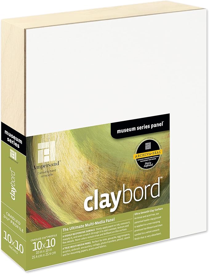 Ampersand Art Supply Claybord | 10" x 10" | 1-1/2" Cradled Profile | Kaolin Clay Painting Panel for Acrylic, Ink, Watercolor & Mixed Media | Canvas & Paper Alternative
