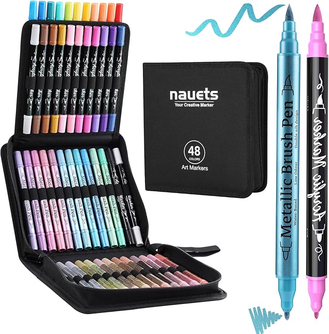 nauets 48 Pack Metallic & Acrylic Paint Markers Set - 24 Colors Acrylic + 24 Metallic Markers, Dual Tip Paint Pens with Brush/Fine Tip for Paper, Rock, Wood, Canvas, Glass, Ceramic DIY Crafts
