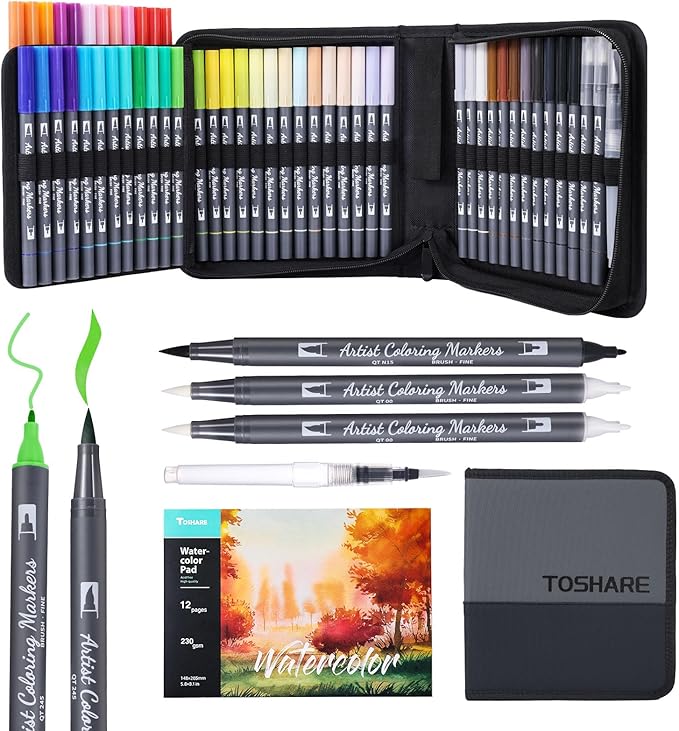 TOSHARE Watercolor Pens Set, 48-Color Dual Tip Professional Watercolor Markers for Adults, Water-Based Art Markers with 1 Aquapen, 2 Colorless Blenders, 1 Black Marker, and 12-Page Pad, Art Supply