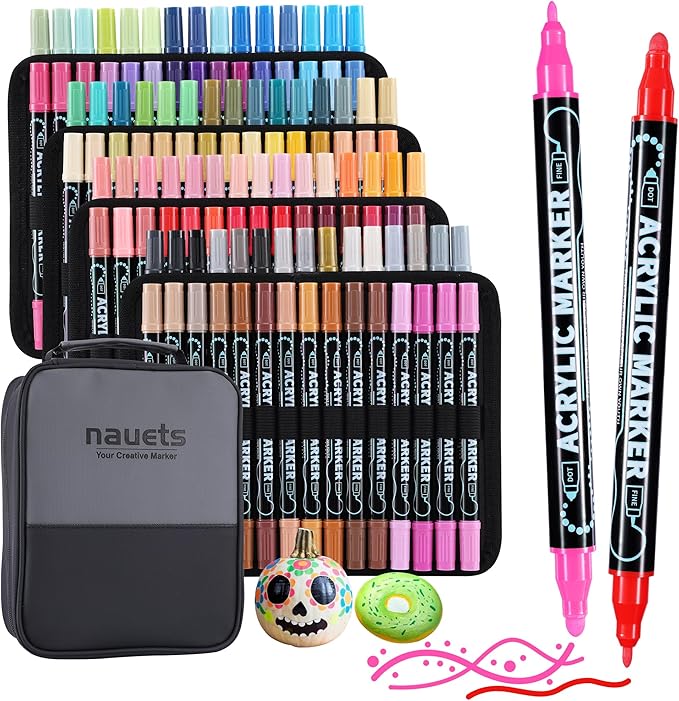 nauets 120 Colors Waterproof Dual Tip Acrylic Paint Pens, Dot & Fine Tip Premium Coloring Drawing Markers Set for Wood, Rock, Canvas, Glass, Ceramic Surfaces and DIY Crafts Making Art Supplies
