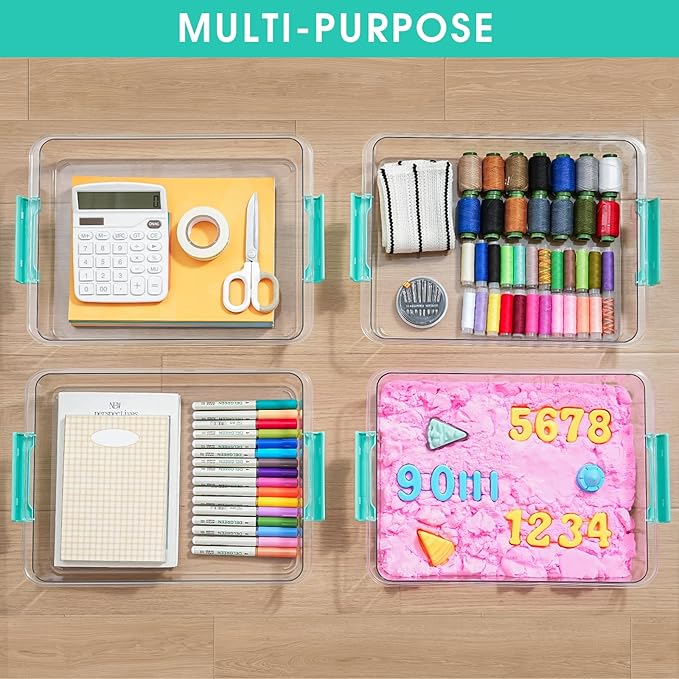 Stebopum 6 QT Clear Plastic Storage Bins with Lids, Stackable Sensory Bin Tools, Arts Crafts Organizers and Storage Containers with Lids for Home, Office, Classroom and Workshop Organization, 4 Pack