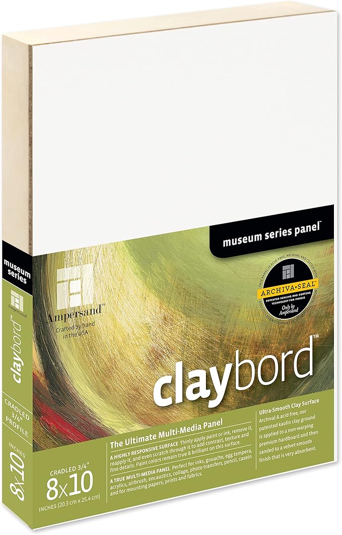 Ampersand Art Supply Claybord | 8" x 10" | 3/4" Cradled Profile | Kaolin Clay Painting Panel for Acrylic, Ink, Watercolor & Mixed Media | Canvas & Paper Alternative