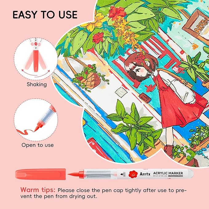 Arrtx 60 Colors Direct Liquid Ink Acrylic Marker, Brush Tip Coloring Drawing Cartoon Anime Comic, Art Supplies for Stone, Glass, Egg, Wood, DIY Crafts