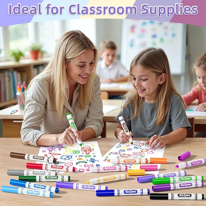 KIZZYEA Washable Markers Bulk, Markers for Kids, 16 Assorted Colors, 256 Count, Broad Line Coloring Marker for School, Student Art Supplies & Back to School Craft, Classroom Essentials for Teachers