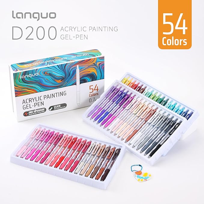 languo Acrylic Gel Pens for Coloring, 54 Colors Click Acrylic Paint Pens Set with 0.7mm Tip for Adult Coloring, Colored Gel Pens for Black Paper, Rock, Glass, Fabric, DIY and Art Crafts Supplies