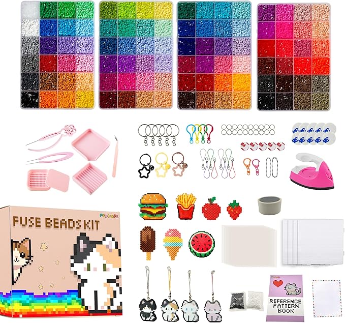 Psykade Fuse Beads Kit-Easy DIY-96 Colors 53000 2.6mm, 200+ Patterns, Built-in Iron | DIY Crafts Supplies for Women, Art Decorations for Room, Ideal Gift,Pixel Art，All-in-One